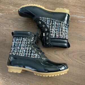 Sam Edelman Caldwell Black Patent Tweed Lace Up Duck Boots Women's Size 6